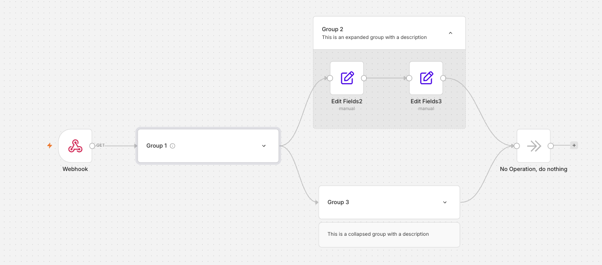 Canvas حقيقي في n8n: Webhook ومجموعات Edit Fields