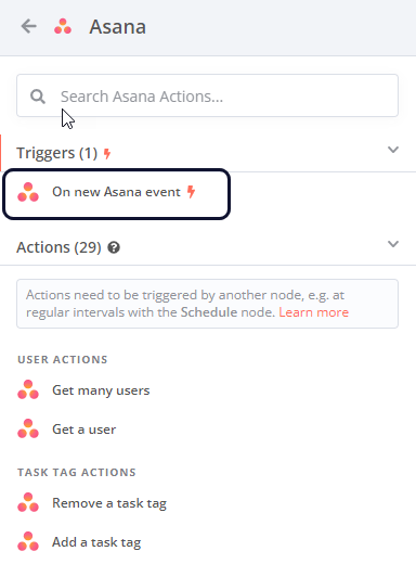 قائمة Asana داخل n8n تفصل بين Triggers وActions